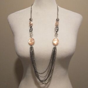 Elegant Silver Twisted Strand and Peachy Pink Stone Bead Necklace